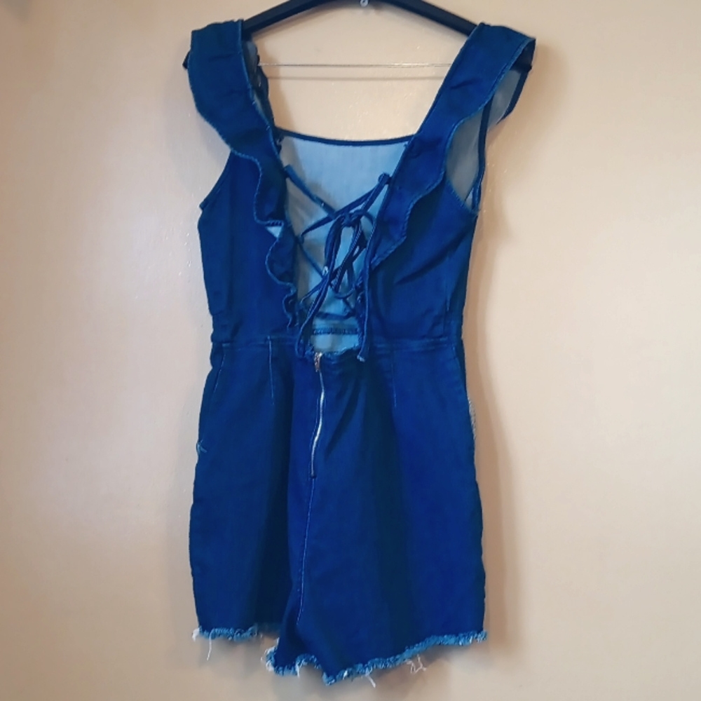 Denim romper| Denim open back romper| Ruffle Apron Sz Large |summer Rompers.